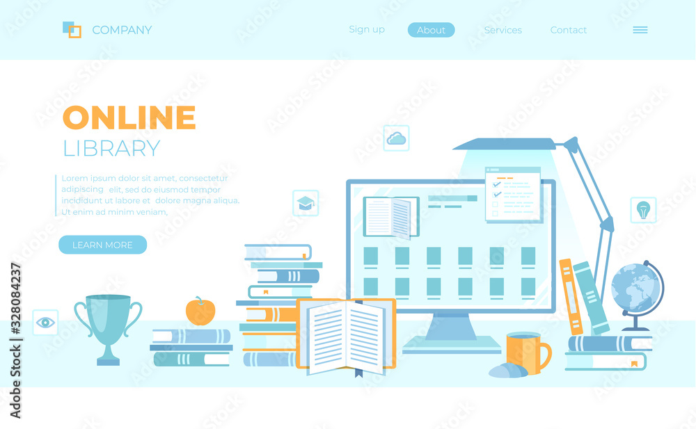 Poster Online Library Reading E-learning Shop Monitor with electronic open book, archive, ebook list, stack of books, table lamp. Can use for web banner, landing page, web template.