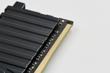 A part of computer RAM memory. Random Access Memory on white background. Operative memory for notebook, laptop, computer, monoblock. Closeup, selective focus