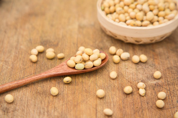 A pile of soybeans in a bamboo basket