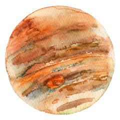 Watercolor planet illustration. Hand drawn Jupiter isolated on white background. 