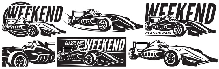 Vector monochrome set of sports racing cars. - obrazy, fototapety, plakaty
