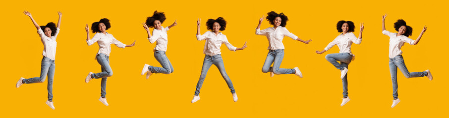 Collage of happy black girl jumping in air on yellow background