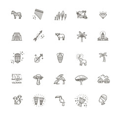 Africa jungle ethnic culture travel icons set outline isolated vector illustration