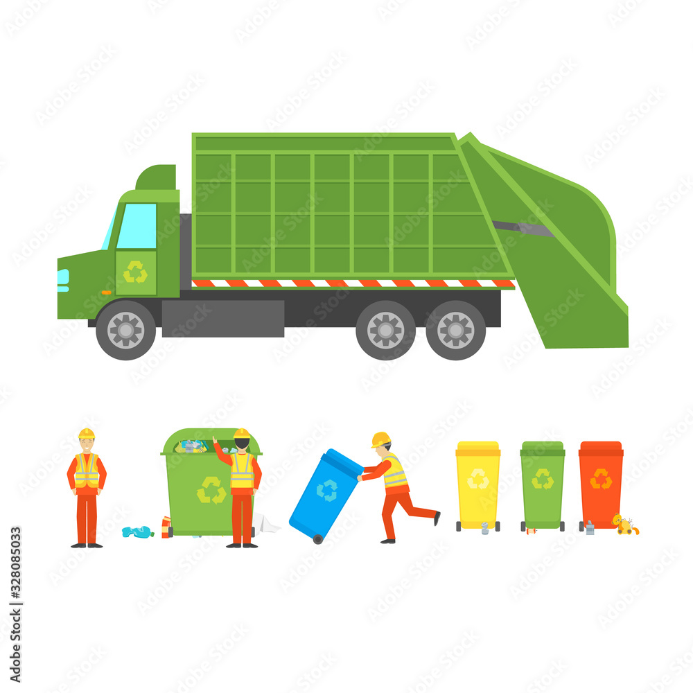Poster cartoon working with garbage icon set. vector