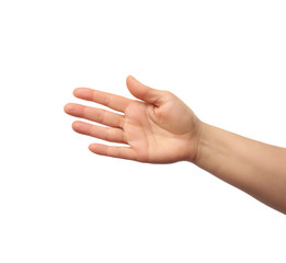 outstretched hand of man, open hand, part of the body isolated on white background