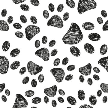 Doodle black paw prints vector with white background seamless pattern for fabric