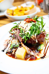 juicy steak beef meat with tomato and potatoes