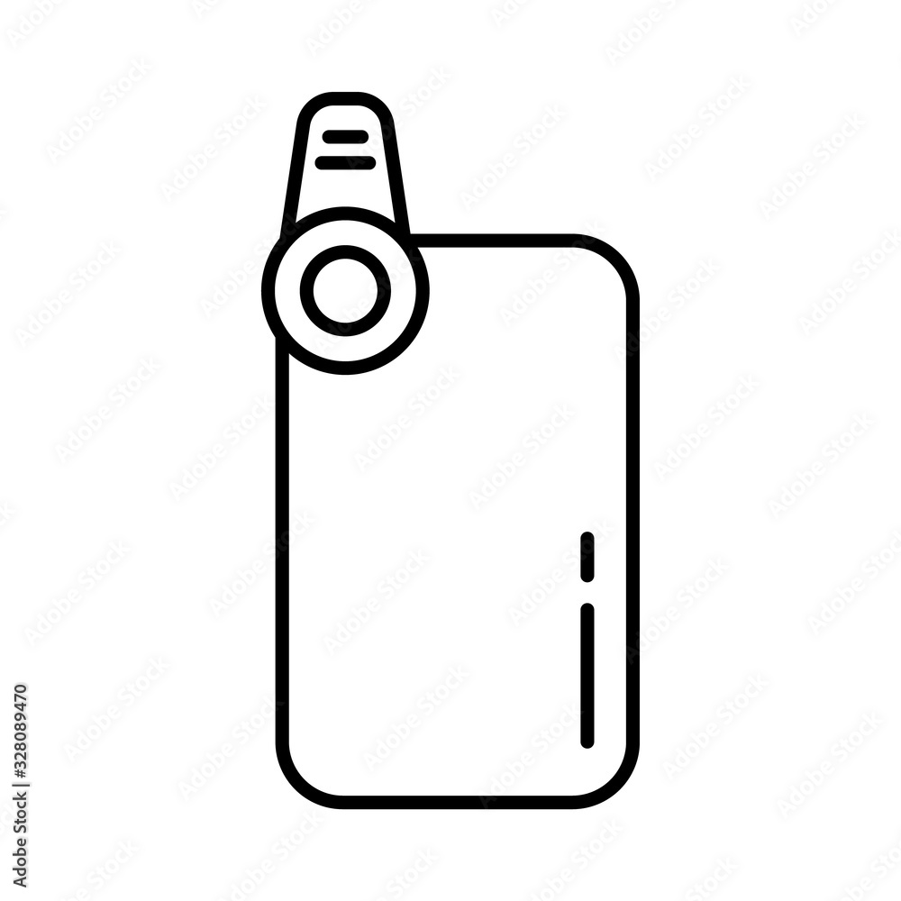Poster smartphone with clip-on lens. linear icon. black simple illustration of put on mini device on mobile