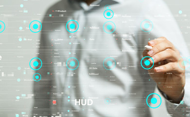 Businessman pressing document icon over computer binary code