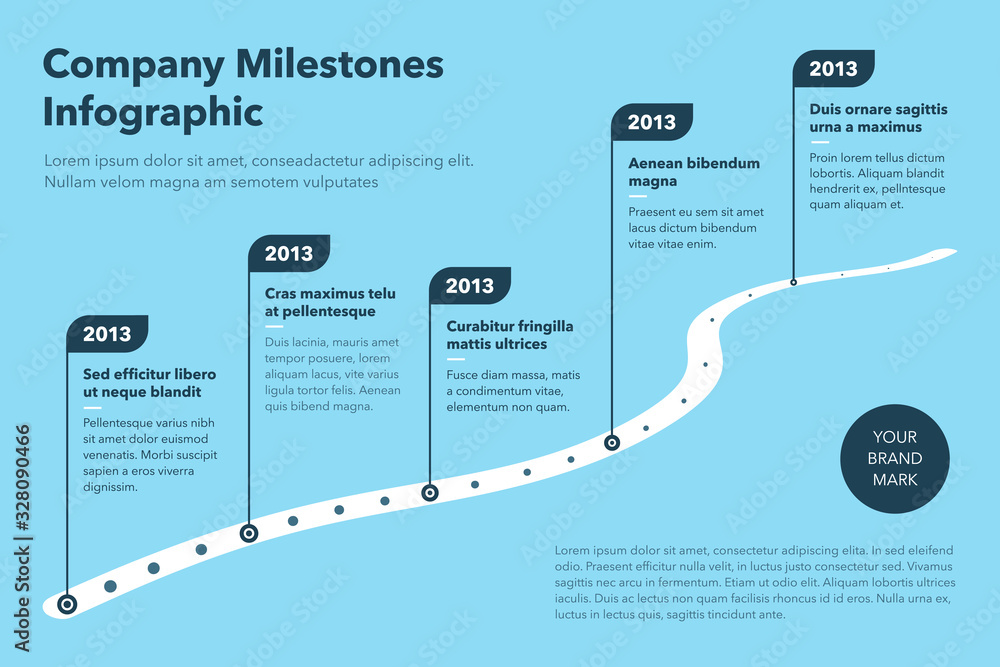 Poster Modern business infographic for curved road map timeline template with pointers - blue version. Easy to use for your website or presentation.