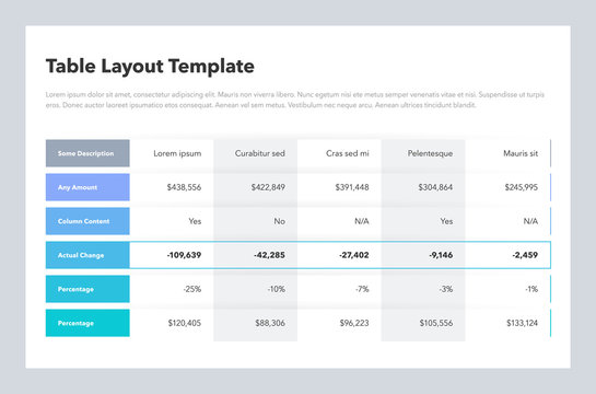 Modern business table layout template with place for your content. Flat design, easy to use for your website or presentation.