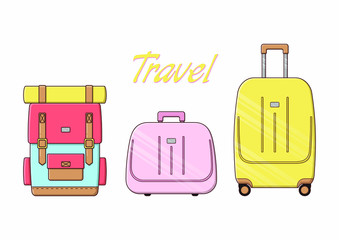 Vector illustration of hand luggage. Set of cute travel bags. A plastic suitcase and a large backpack.