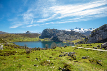 Fototapeta na wymiar Peaks of Europe (Picos de Europa) National Park. A glacial Lake Enol, Lagos de Covadonga, Asturias, Spain