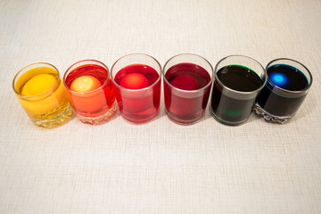 Painting process of Easter eggs by dye in the glasses. Home decorations for the holiday.