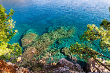 View of the rocky, Turkey coast and the blue Mediterranean Sea. Pure, clear water. 