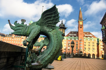Bronze chimera Dragon figures statues in front of the Copenhagen City Hall, Denmark. February 2020