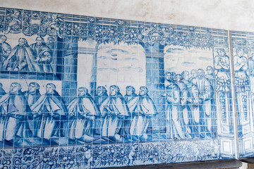 section of 18th century blue and white tile picture, located in Viseu Portugal - obrazy, fototapety, plakaty