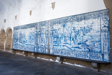 section of 18th century blue and white tile picture, located in Viseu Portugal - obrazy, fototapety, plakaty