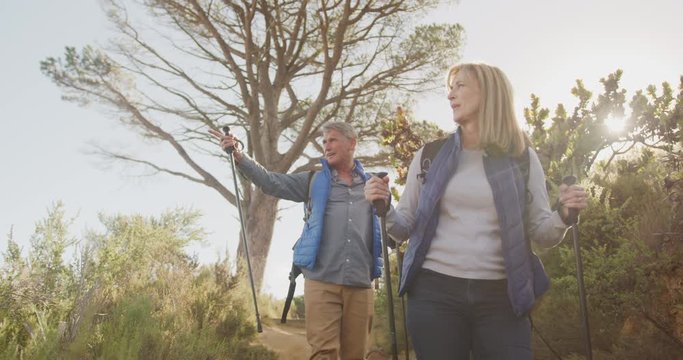 Active senior couple hiking in forest