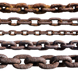 Fototapeta premium Set of old,rusty, extremely corroded chains isolated on white background