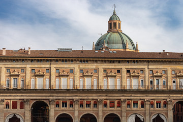 Piazza Maggiore in Bologna Italy. Palazzo dei Banchi (1568) and the dome with lantern (1787) of the Sanctuary of Santa Maria della Vita (Saint Mary of the life, 1687-1787) Emilia-Romagna, Italy  © Alberto Masnovo