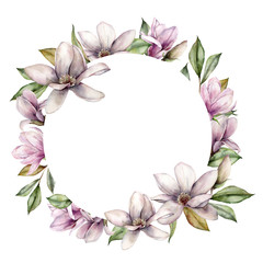 Watercolor floral wreath with magnolias, buds and leaves. Hand painted bouquet with flowers isolated on white background. Holiday spring illustration for design, print, fabric or background.
