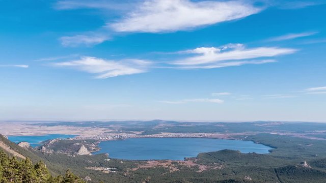 Epic view of Burabay lake and Okzhetpes rock from the highest point of Sinyuha Mountain in autumn season; time lapse zoom in