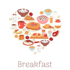 Breakfast morning meal in heart shape menu with coffee, croissant, waffles, fried eggs and bacon, oatmeal top view banner vector illustration. Breakfast hotel, cafe or restaurant banner.