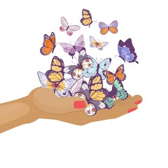 Butterflies flying on womans hand beautiful spring and summer insects vector cartoon illustration. Butterflies on girls arm isolated on white background.
