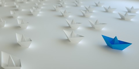Leadership concept with blue paper ship leading among white on white background.3d rendering.