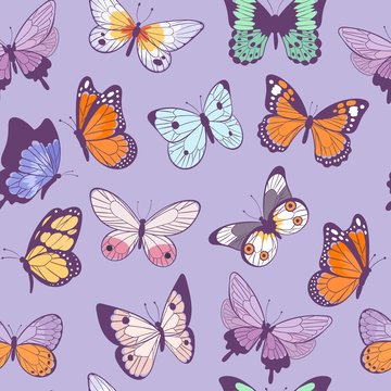 Butterflies seamless pattern flying beautiful spring and summer insects vector cartoon illustration. Butterflies isolated on lilac background.