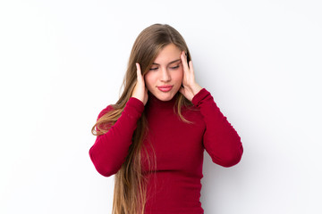 Teenager blonde girl over isolated white background with headache