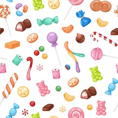 Candy confectionery and sweets seamless pattern, lollipop, caramel and jelly cartoon vector illustration. Candies and confectionary isolated on white background for sweet shop wrapping or kids party.