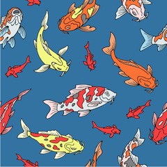 Japanese carps koi seamless pattern, fishes swimming in blue pond water oriental cartoon vector illustration. Carp koi in water top viewtraditional asian background.
