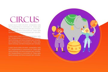 Circus, acrobat, clown and elephant carnival show actors cartoon vector illustration. Retro chapito circus show performance invitation banner.