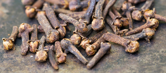 Web banner of cloves organic aromatic spices, thanksgiving or christmas spices background