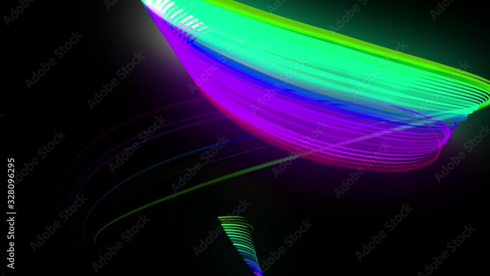 Poster multi-colored neon lines of ribbon fly in the air, smoothly oscillation and wave. lines color change