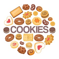 Sweet life with cookies background of different chocolate and biscuit chip cookies, gingerbread and waffle, top view isolated on white background vector illustration. Cookies sweet dessert poster.