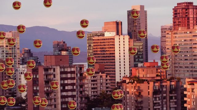 Animation of emojis with city in background