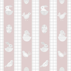Easter bunny seamless vector pattern background. Cute rabbit , chicks, eggs illustration. Scandinavian style vintage color stripe and gingham backdrop. Christian lent and spring celebration concept.