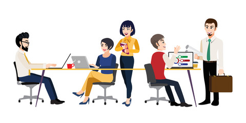 Cartoon character with Men and women sitting at desk and standing in meeting room, working at computers and talking with colleagues. Effective and productive teamwork. Vector illustration
