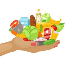 Daily menu products, meal for every day healthy food on hand cartoon vector illustration. Vegetables, fish, bread, meat and fruits daily menu breakfast, luch and dinner for healthy lifestyle.