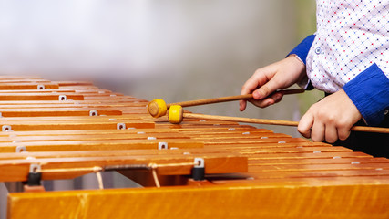 Young musician performs a melody on xylophone_
