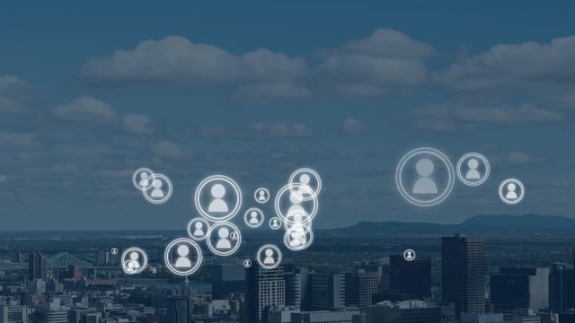 Animation of logo of people with city in background