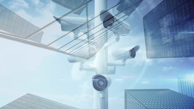 Animation of surveillance camera with buildings in background