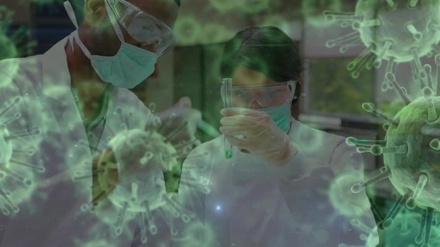 Animation of green corona virus with scientists in background