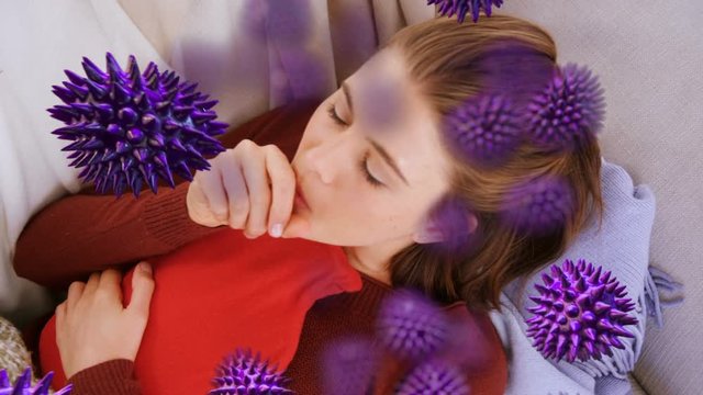 Animation of purple corona virus with sick woman in background