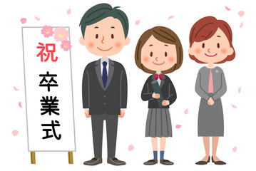 卒業式　記念撮影する親子