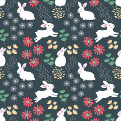 Spring, Easter vector seamless pattern cute retro rabbits, leaves and blossom little flowers. Easter bunny background