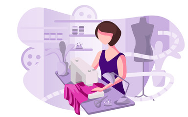 Girl seamstress at work. Fashion designer. Clothes design, women sew apparel. Sewing studio. Dressmaking business, atelier advertising poster concept. Sewing machine. Hobbies, needlework